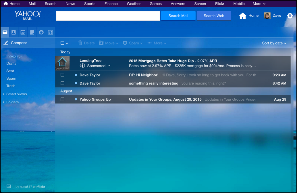 yahoo mail with new custom theme background photo picture wallpaper