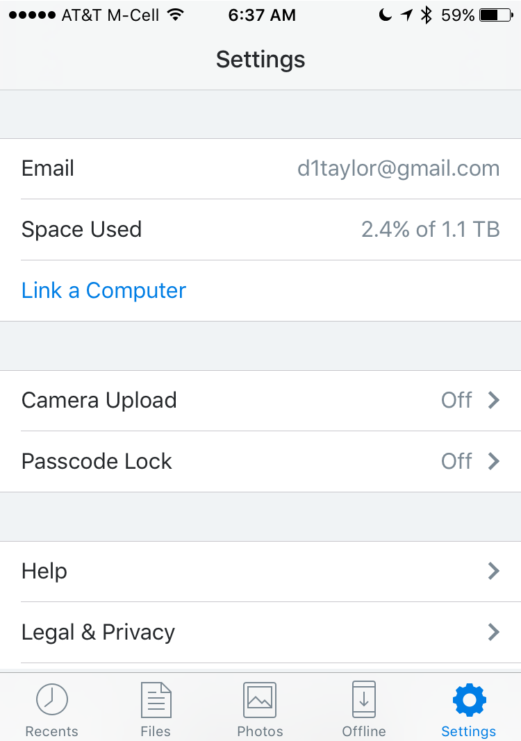 dropbox app for iphone settings preferences