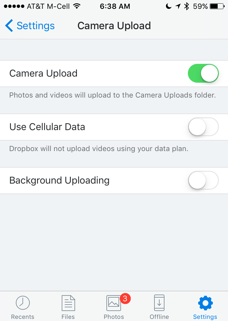 dropbox > settings > camera upload options sync automatic