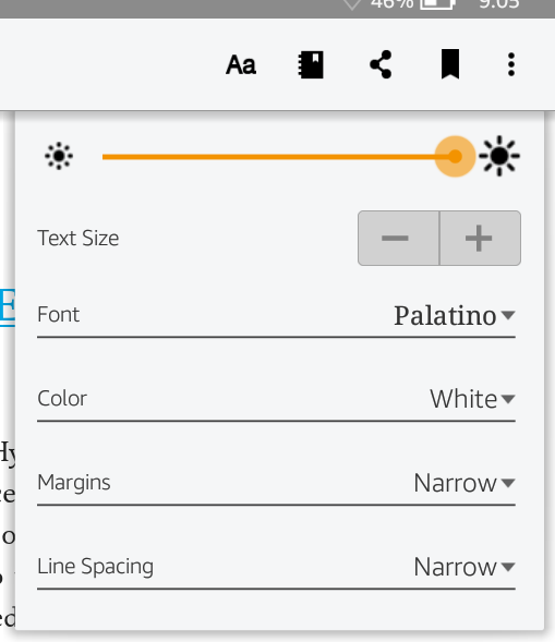 kindle app font size spacing margin color menu