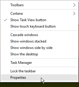 context menu on taskbar, windows 10