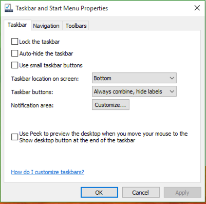 windows 10 taskbar properties
