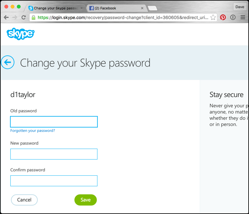 change update new skype password