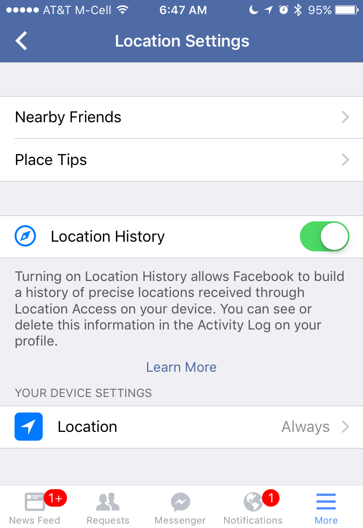where to turn off disable facebook location history tracking