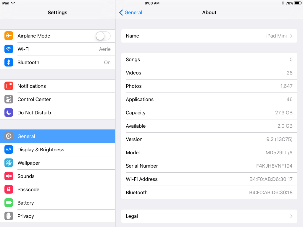 ipad mini settings > general > about model number product