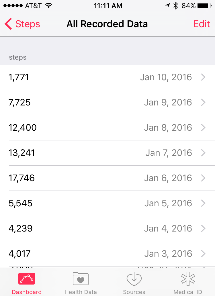 pedometer activity history data health app apple iphone