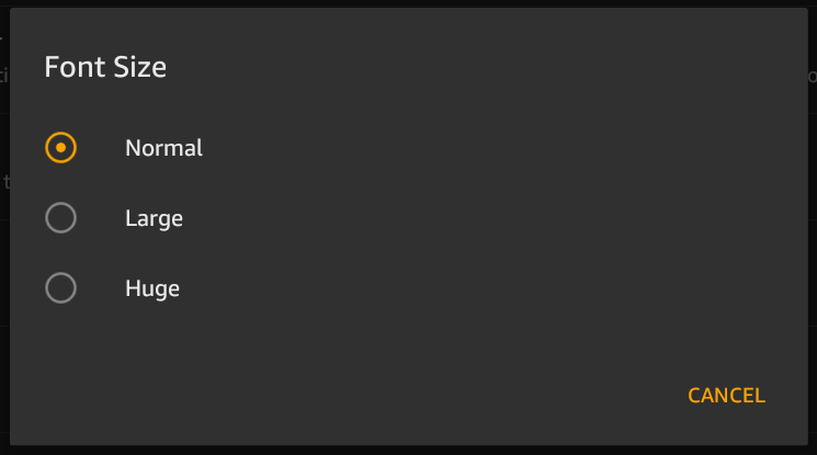 kindle font size: normal, large, huge