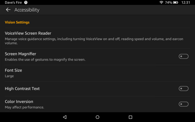kindle fire os 5 settings in "large" font