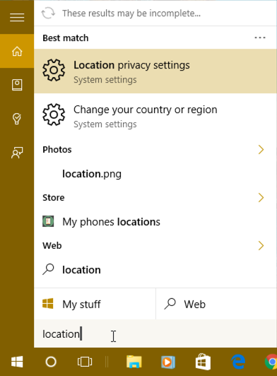 search for "location" in cortana windows 10 win10