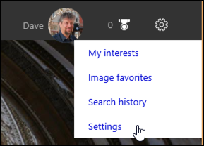 personalization settings menu, bing.com