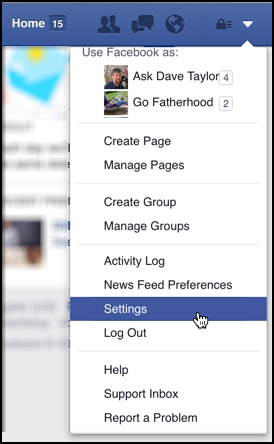 user menu / settings / facebook fb