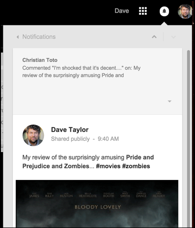 google plus notification window, detail view, gmail