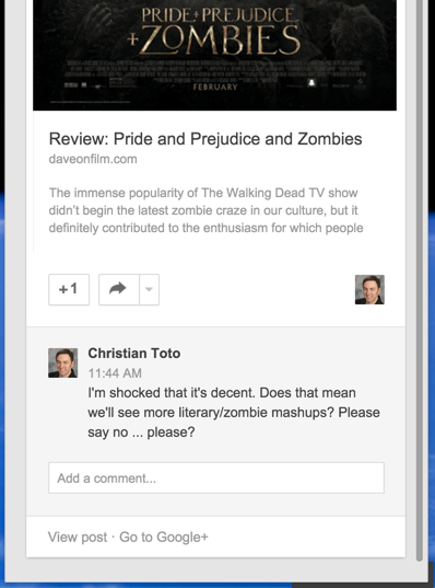 google+ plus notification window, add comment, +1