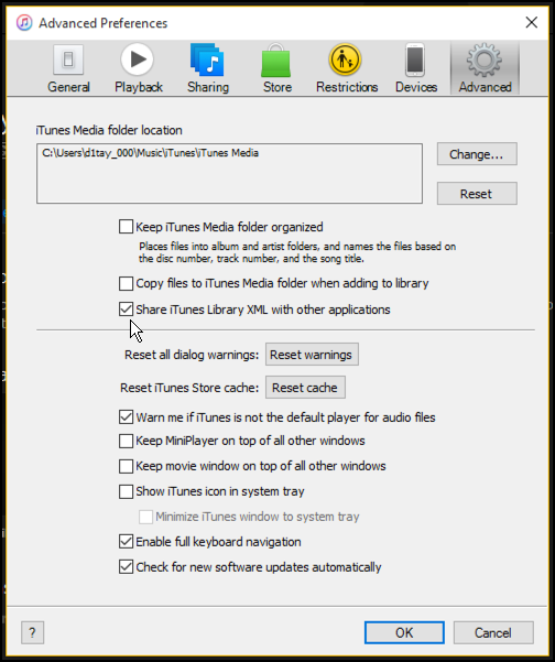 itunes for windows, advanced settings