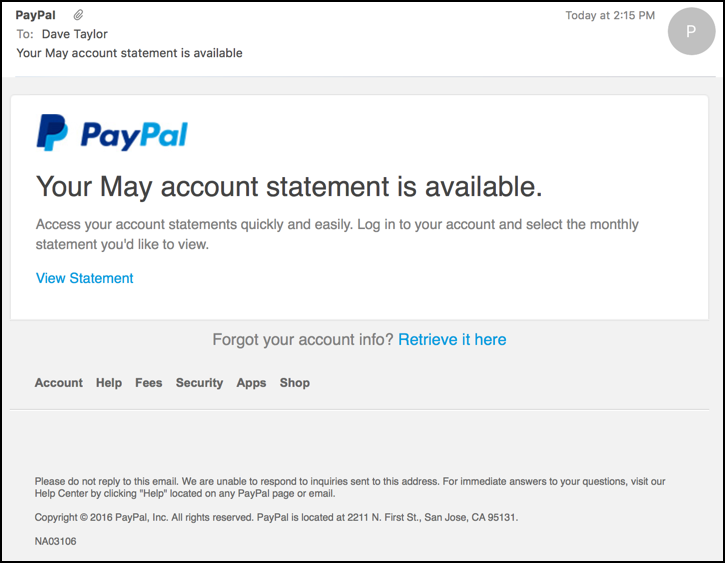 paypal phishing email message - statement available