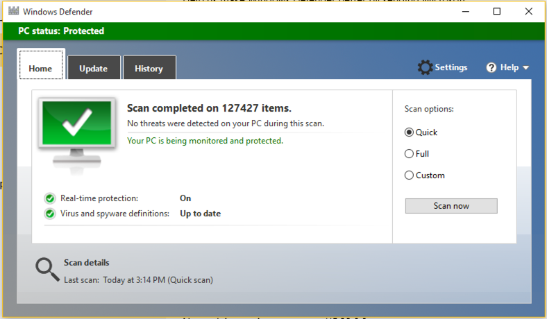 microsoft windows defender, completed quick scan