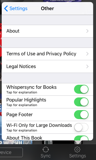 turn off popular highlights, page footer, whispersync in ios 9 kindle app ipad iphone