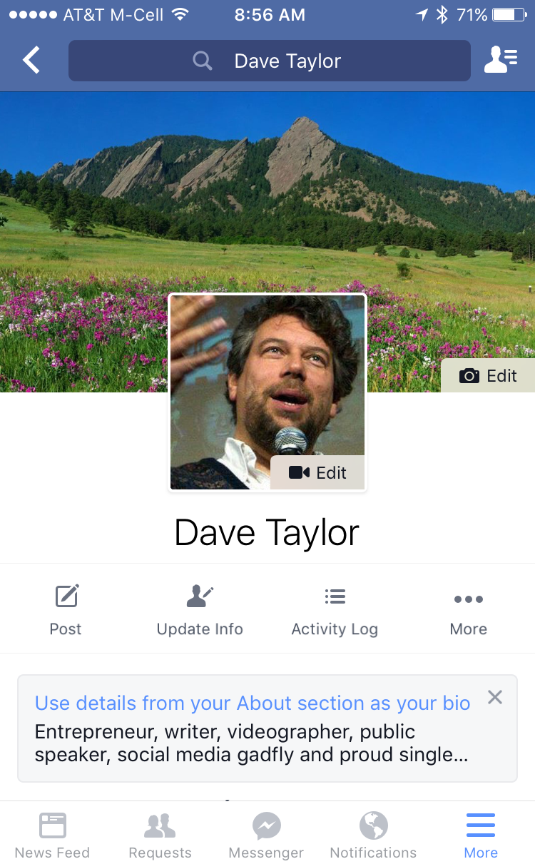 dave taylor my profile page, facebook for mobile smartphone iphone ios