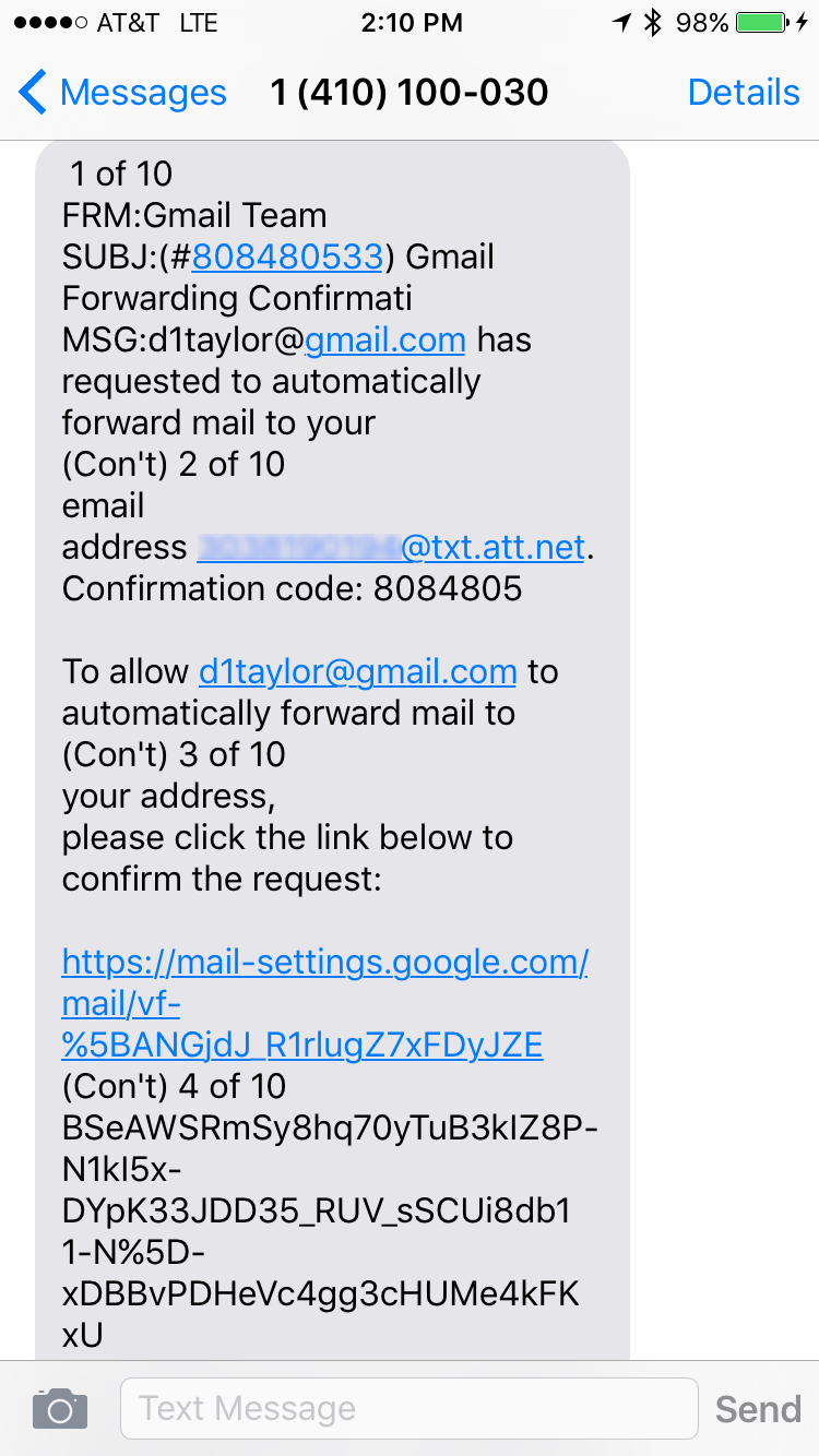 iphone sms text message confirm gmail forward