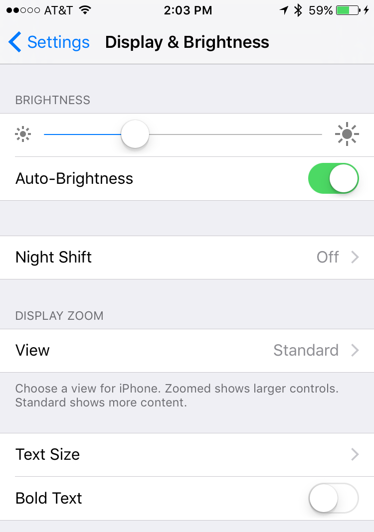 display and brightness menu options preferences, ios 9.3