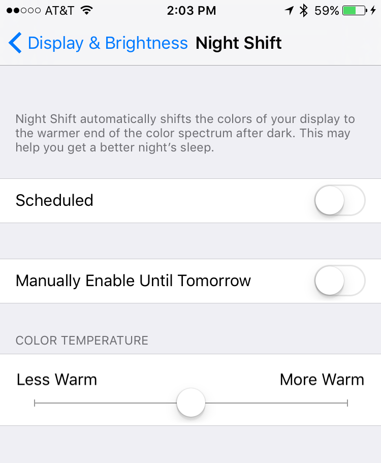 settings > display and brightness > night shift how to enable turn on ios 9 iphone ipad