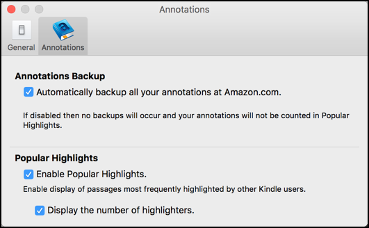 kindle on mac / preferences / annotations / disable popular highlights