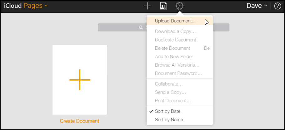 create new document, pages, icloud.com