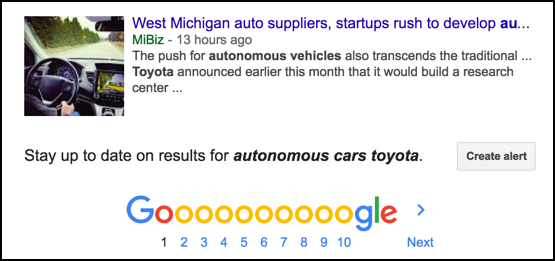 bottom of google news search result page - create alert