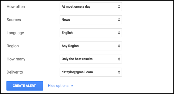 settings and options google alerts