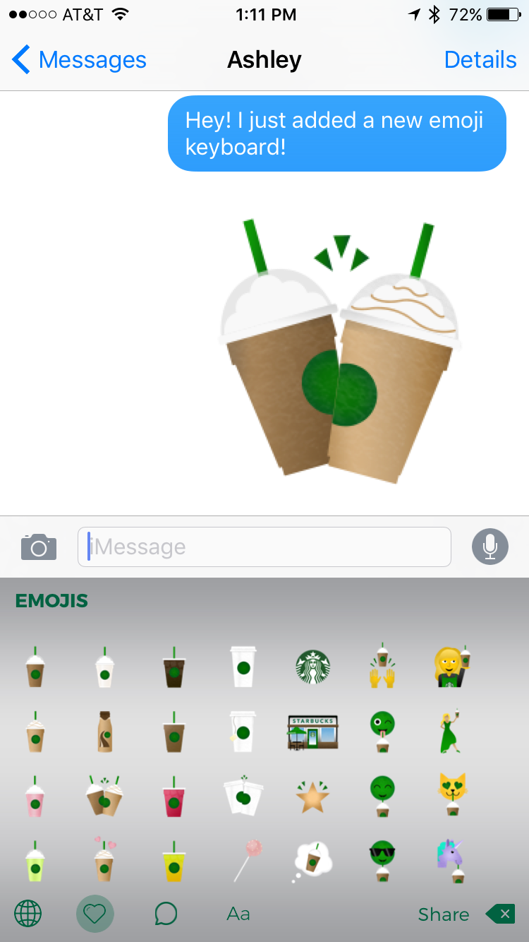 starbucks emoji sticker added, iphone ipad ios sms text message