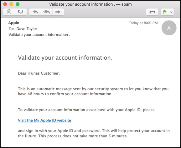 validate your apple id account information itunes scam bogus phishing