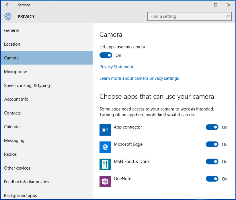 camera webcam privacy settings, windows 10 win10