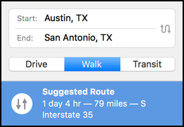 walking directions, austin texas to san antonio texas, apple maps