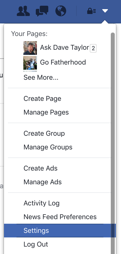 choose settings from the facebook menu