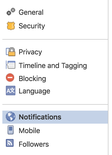 all the different settings, facebook