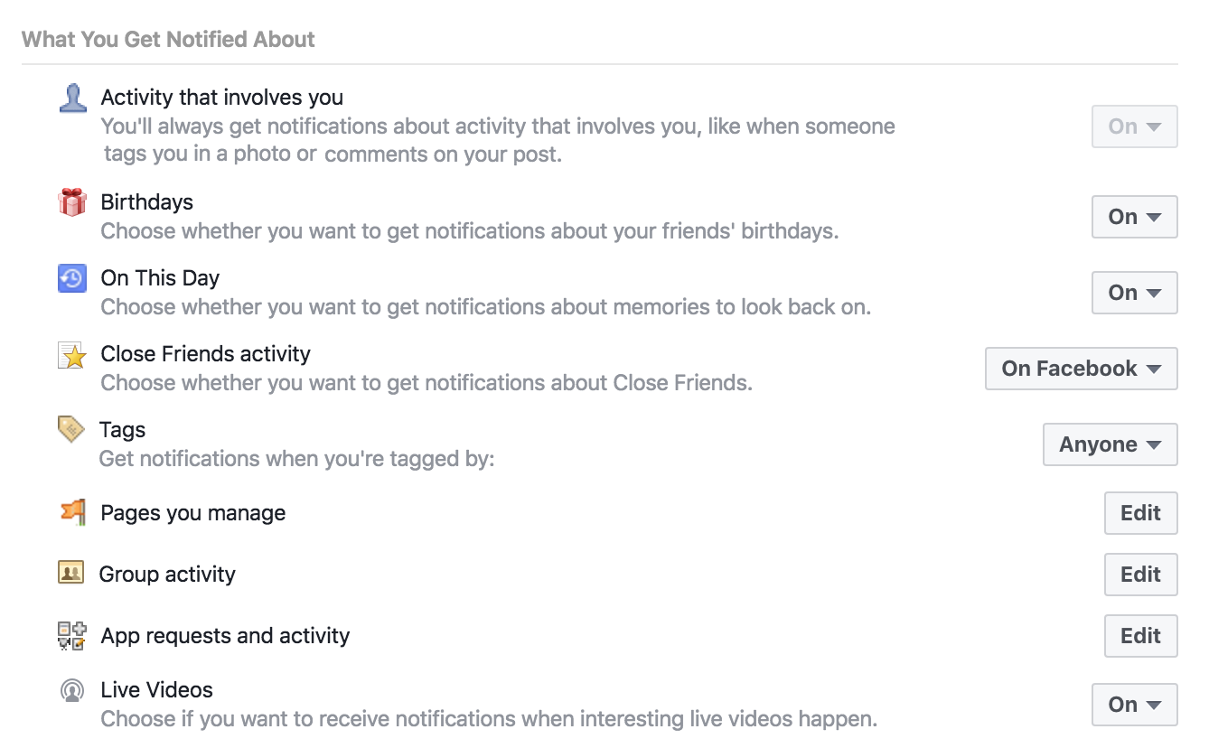 change update change enable turn off facebook notifications
