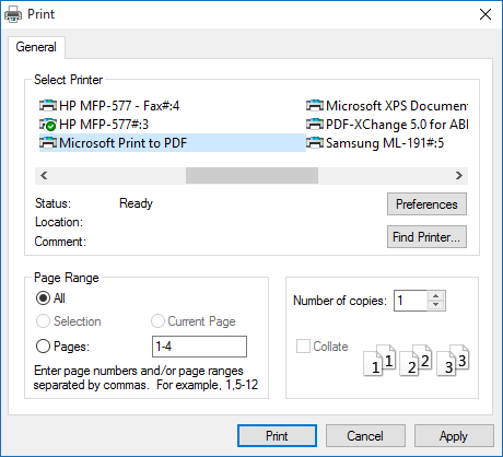 windows 10 win10 system print dialog, pdf selected