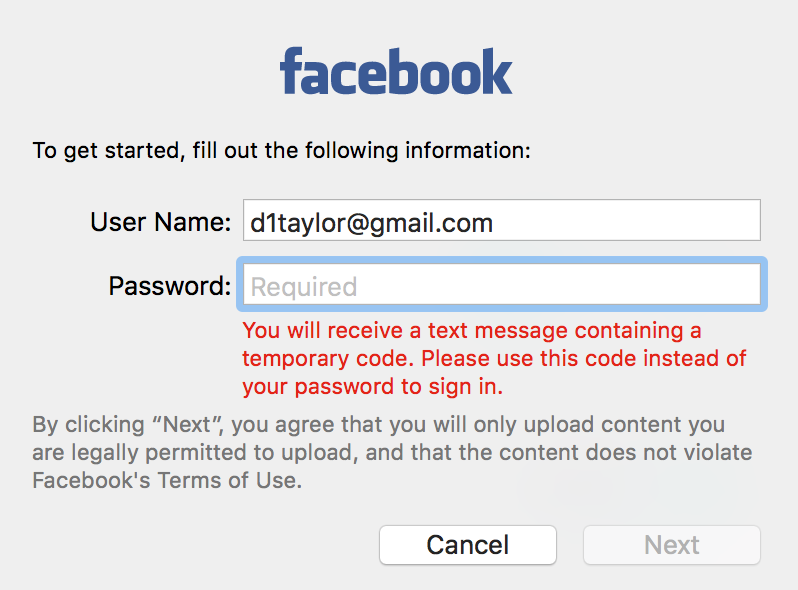 enter temporary password facebook login credentials 2-step verification