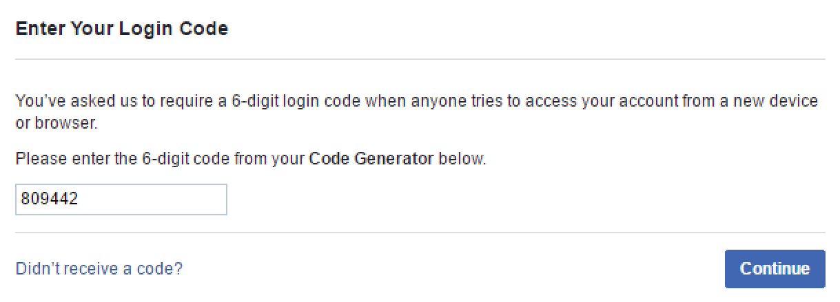 enter facebook code generator to log in