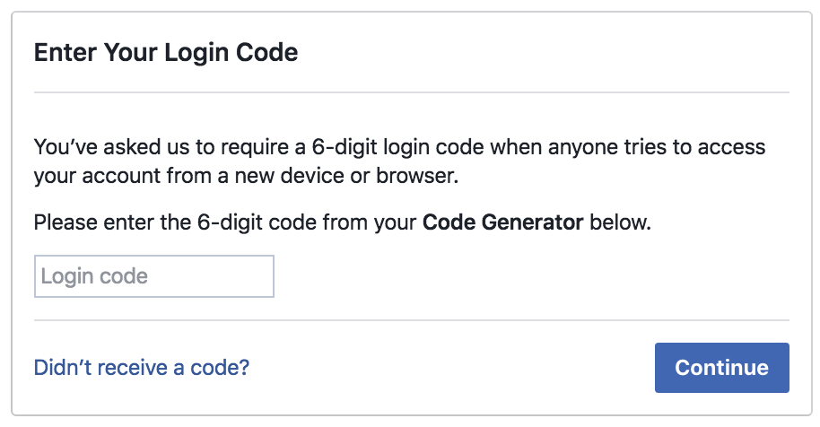 login log in to facebook, need code generator