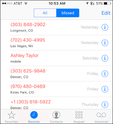 just missed calls, iphone call log