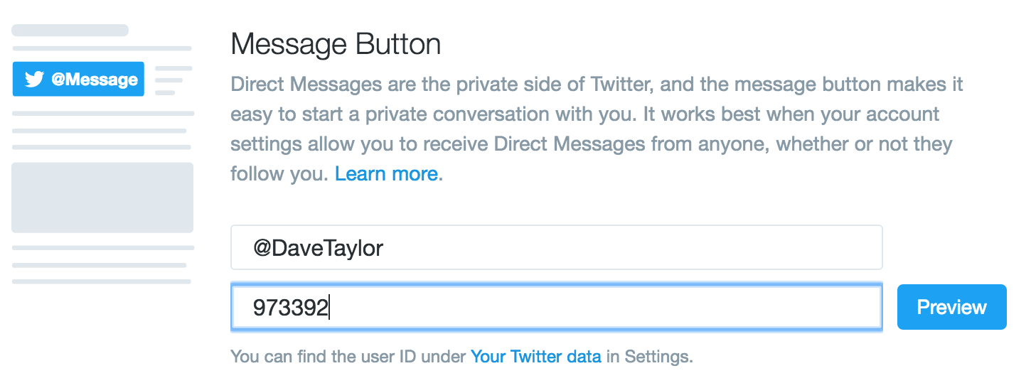 twitter message me button form