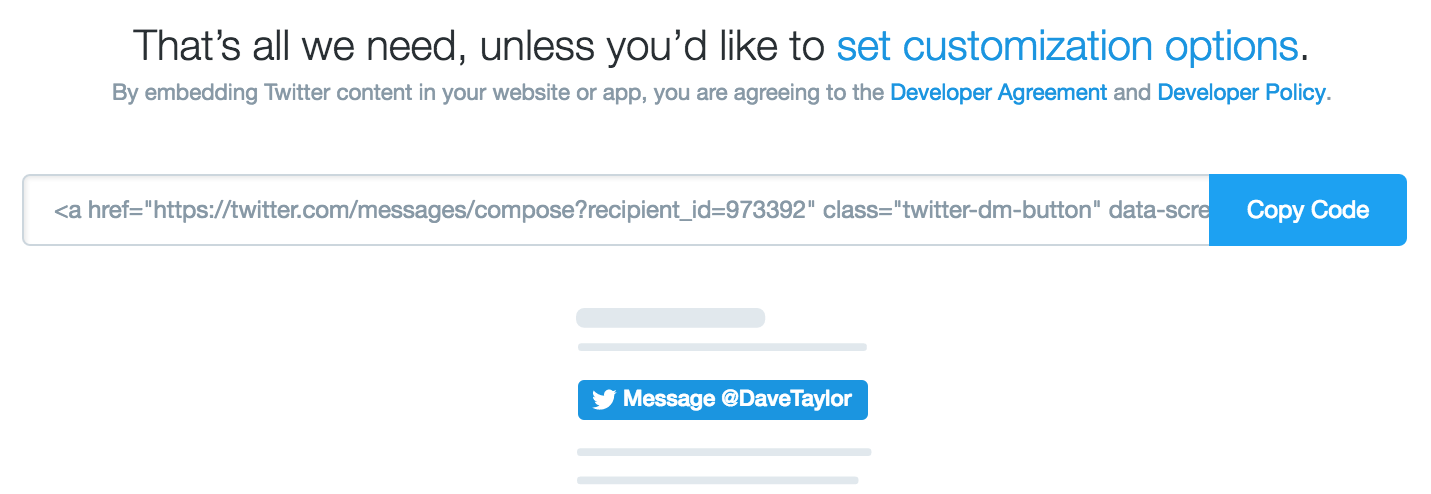 embed code twitter message me button html