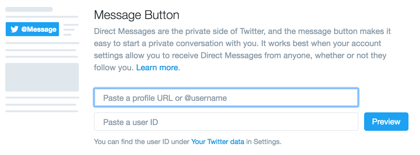 twitter message button embed code fields