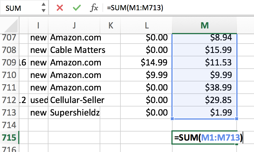 spreadsheet sum formula all amazon.com transactions