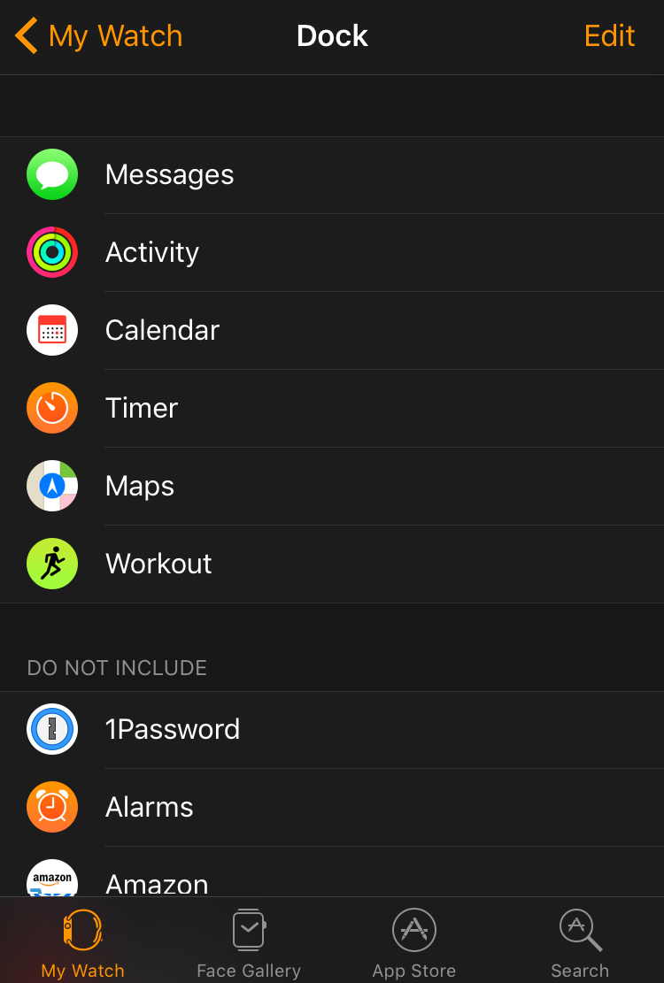 apple watch dock configuration setting customization, apple iphone app