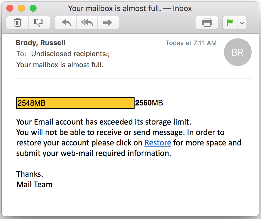 email phishing attack quota scam
