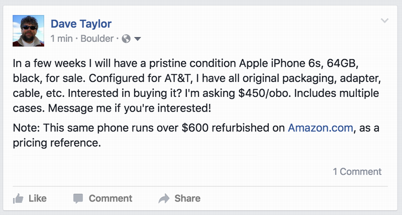 facebook status update: iPhone 6s for sale