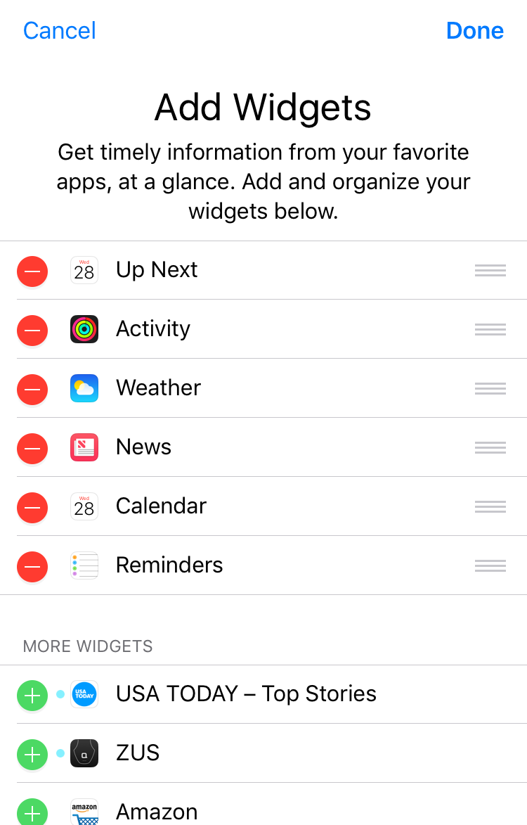 add/delete widgets, ios 10 notification screen