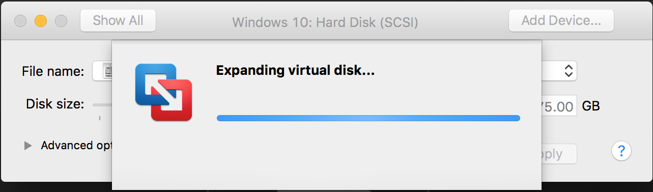 allocating additional virtual disk space for vmware fusion windows 10